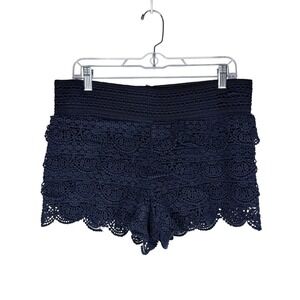 Rewind Navy Blue Crochet Lace Scalloped Shorts L Boho Festival Juniors